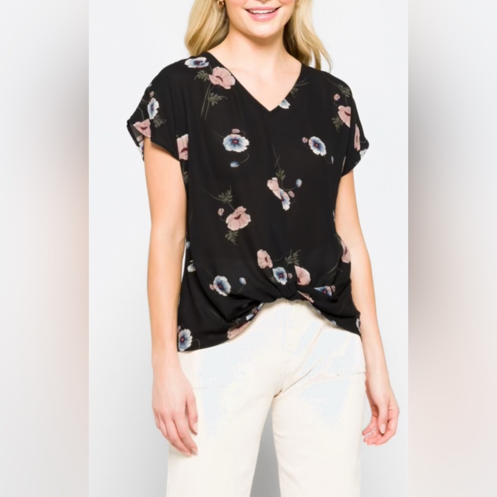 West Kei Black Floral Knot Twist Blouse
